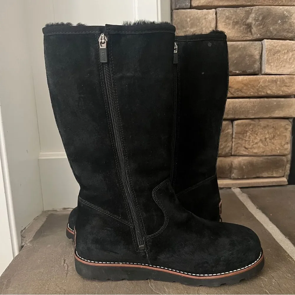 UGG Etta Womens Boots Black 8 Leather Sheepskin Winter Waterproof Suede